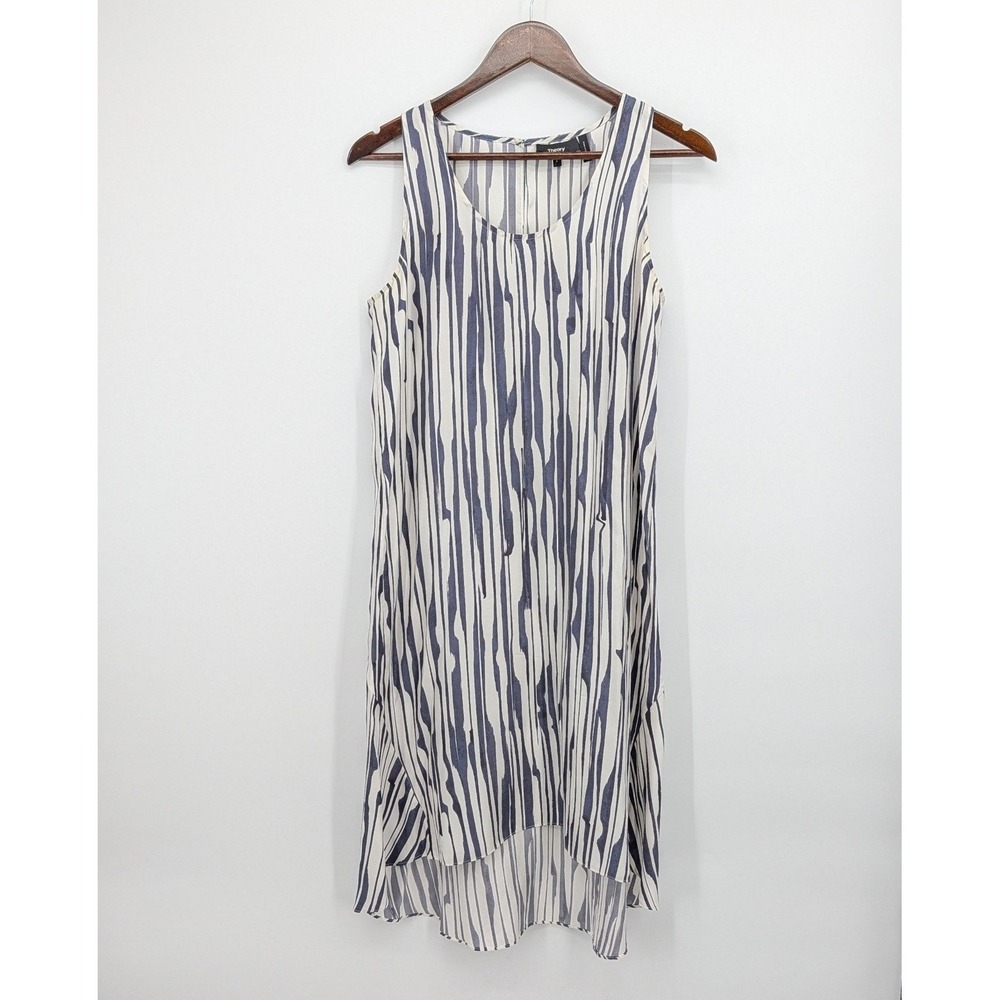 Theory Adlerdale Broken Stripe Silk Sleeveless Shift Dress White‎ Navy